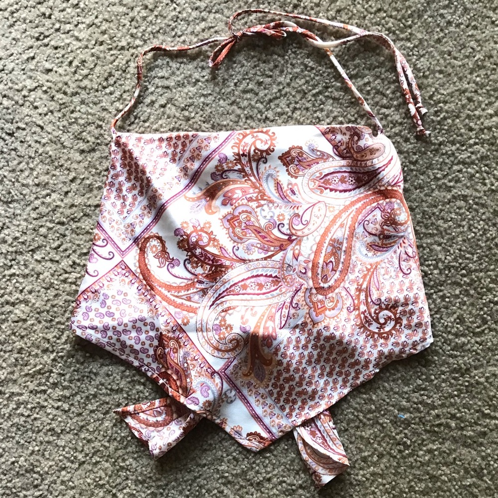 Vici White Paisley Halter Crop Top with Pink & Orange Accents